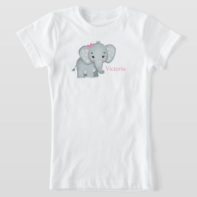 Cute Elephant Rosa Bow Namn Kids Girls T Shirt (Laydown)