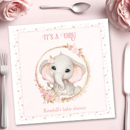 Cute Elephant Rosa Flowers Baby Shower Napkins Pappersservett