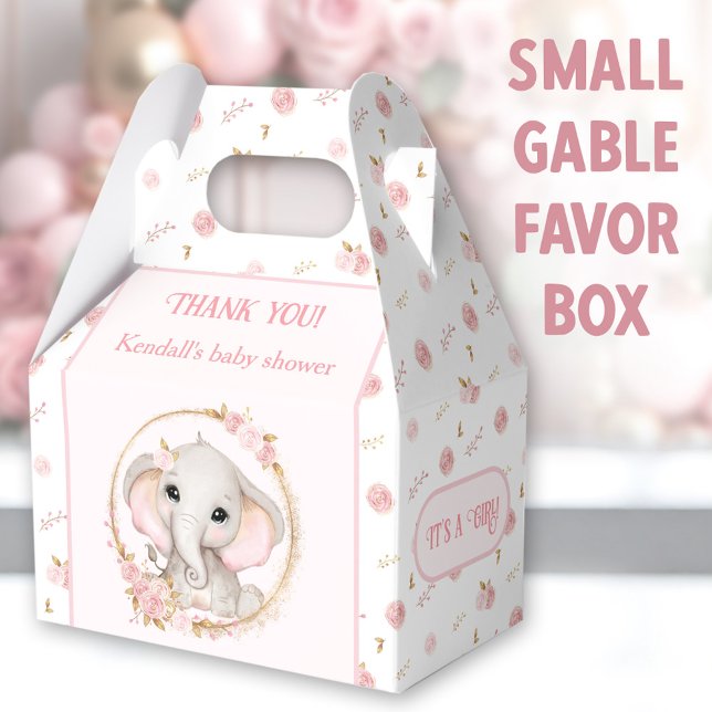 Cute Elephant Rosa Flowers Baby Shower Presentaskar (Cute Elephant Small Gable Favor Boxes - You can choose from 3 sizes of these gable favor boxes)