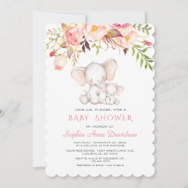 Cute Elephant Rosa Flowers Girl Baby Shower Inbjudningar