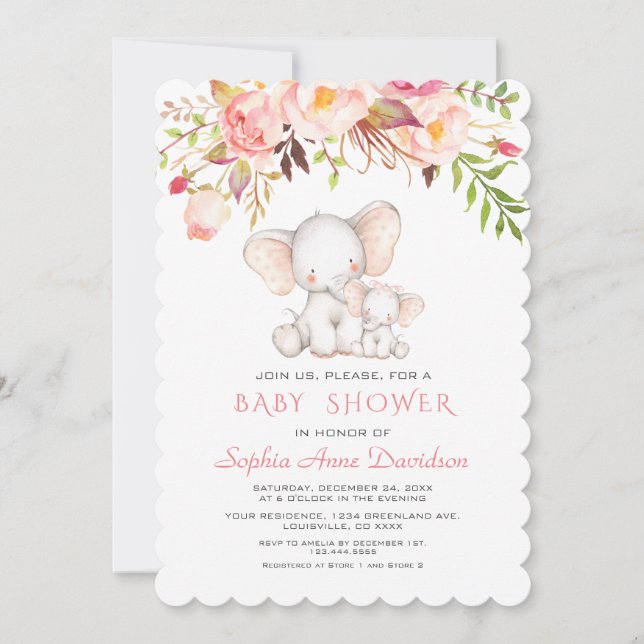 Cute Elephant Rosa Flowers Girl Baby Shower Inbjudningar (Framsida)