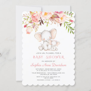 Cute Elephant Rosa Flowers Girl Baby Shower Inbjudningar