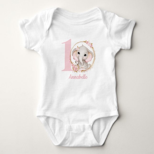 Cute Elephant Rosa Flowers Girl T Shirt (Framsida)