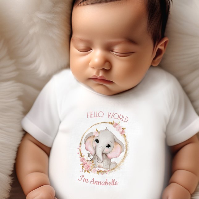 Cute Elephant Rosa Flowers Namn Girl T Shirt (Cute Elephant Pink Flowers Girl Baby T-Shirt)