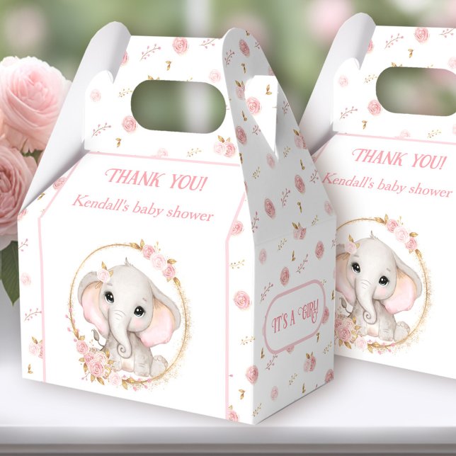 Cute Elephant Rosa Flowers White Baby Shower Presentaskar (You can choose from 3 sizes of these gable favor boxes simply by clicking on the STYLE dropbox.)