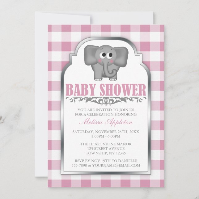 Cute Elephant Rosa Gingham Baby Shower-inbjudninga Inbjudningar (Framsida)