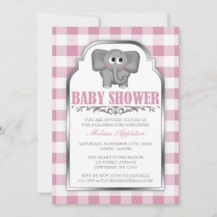 Cute Elephant Rosa Gingham Baby Shower-inbjudninga Inbjudningar