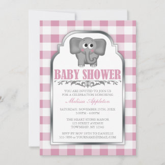 Cute Elephant Rosa Gingham Baby Shower-inbjudninga Inbjudningar