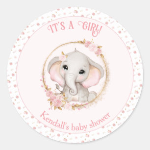 Cute Elephant Rosa Girl Baby Shower Stickers Runt Klistermärke