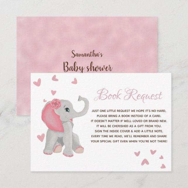 Cute Elephant Rosa Girl Girl Bok Request Baby Show Tilläggskort (Fram/baksida)