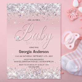 Cute Elephant Rosa Glitter Baby Shower Inbjudningar