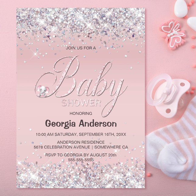 Cute Elephant Rosa Glitter Baby Shower Inbjudningar (Skapare uppladdad)