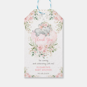 Cute Elephant Rosa Guld Blommigt Baby Shower Presentetikett
