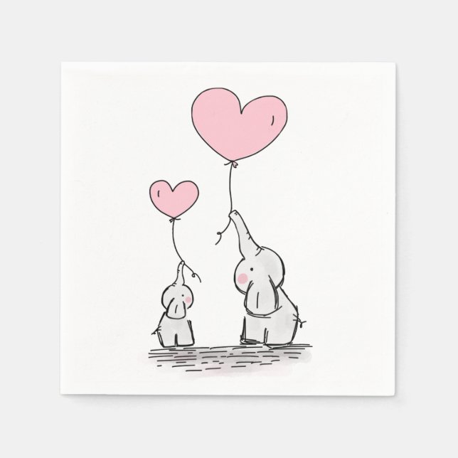 Cute Elephant Rosa Heart Balloons Girl Baby Shower Pappersservett (Framsidan)