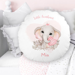 Cute Elephant Rosa Heart Girl Nursery Namn Rund Kudde