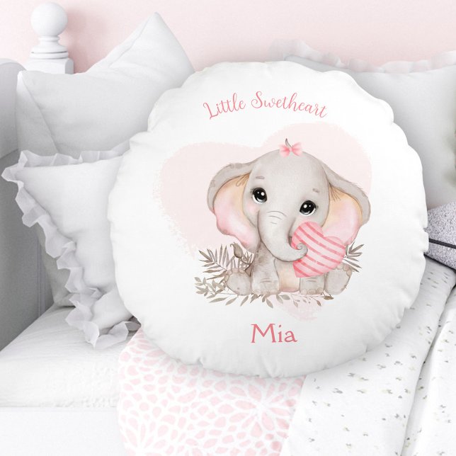 Cute Elephant Rosa Heart Girl Nursery Namn Rund Kudde (Cute Elephant Pink Heart Girl Nursery Name Round Pillow)