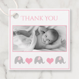 Cute Elephant Rosa Hearts Photo Tack Gåvor Etiketter