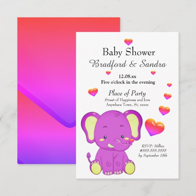 Cute Elephant Rosa Lila Hearts Girl Baby Shower Inbjudningar (Fram/baksida)