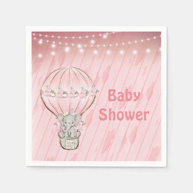 Cute Elephant Rosa Luftballong Baby Shower Pappersservett (Framsidan)