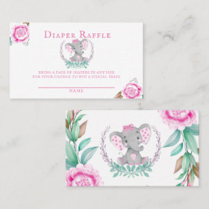 Cute Elephant Rosa Peony Girl Baby Diaper Raffle Visitkort