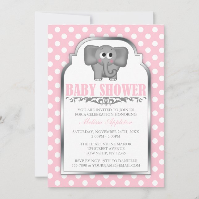 Cute Elephant Rosa Polka Dot Baby Shower Inbjudningar (Framsida)