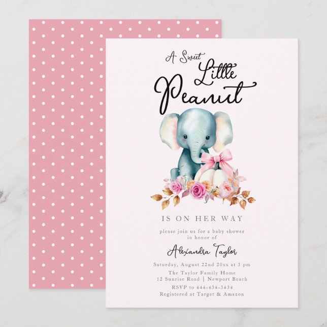 Cute Elephant Rosa Pumpkin Fall Girl Baby Shower Inbjudningar (Fram/baksida)