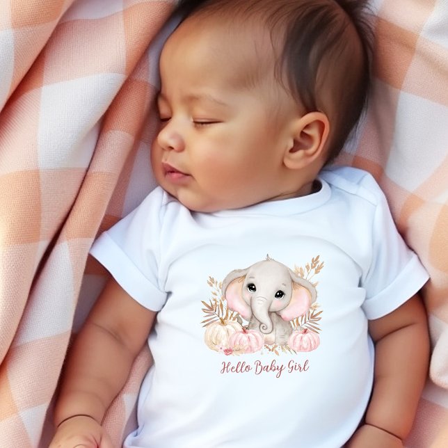 Cute Elephant Rosa Pumpkin Fall Girl Namn T Shirt (Cute Elephant Pink Pumpkins Fall Girl Baby Bodysuit)