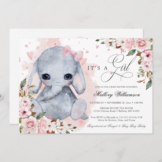 Cute Elephant Rosa ros Girl Baby Shower Inbjudningar (Fram/baksida)