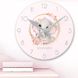 Cute Elephant Rosa ros Girl Namn Rund Klocka