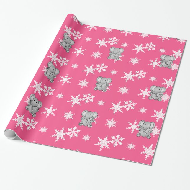 Cute elephant rosa snöflingor presentpapper (Utrullad)