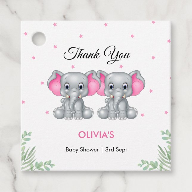 Cute Elephant Rosa Twin Girls Baby Shower Gåvor Etiketter (Framsida)