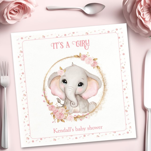 Cute Elephant Rosa White Blommigt Baby Shower Pappersservett (Cute Elephant Pink White Floral Baby Shower Napkins)