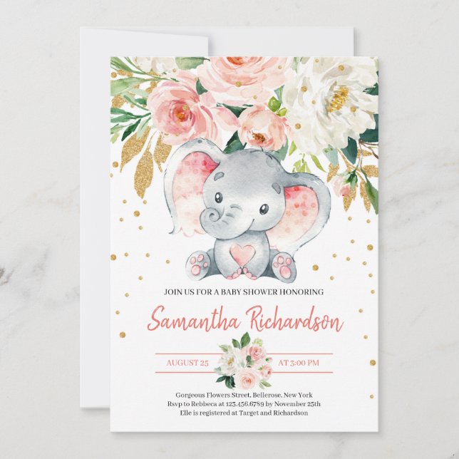 Cute Elephant Rustic  Rosa Blommigt Baby Inbjudningar (Framsida)