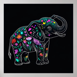 Cute Elephant Saluting with Colorful Flowers Line Poster