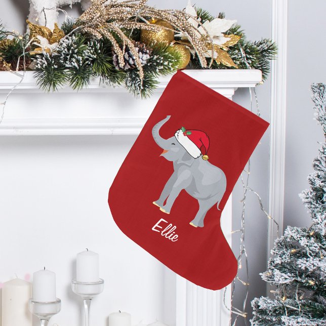 Cute Elephant Santa Hat Personlig Red Stor Julstrumpa (Skapare uppladdad)