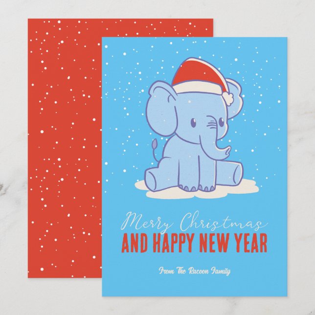 Cute Elephant Santa Winter Helgdag God jul Julkort (Fram/baksida)