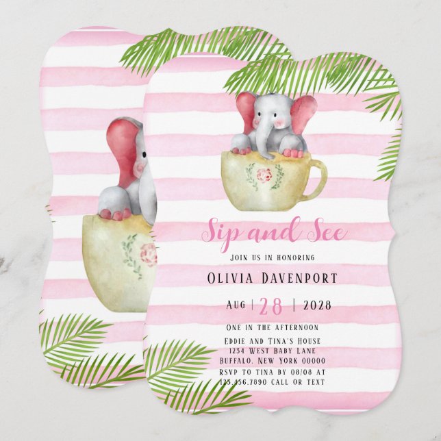 Cute Elephant Sip och See Girl Baby Shower Inbjudningar (Fram/baksida)