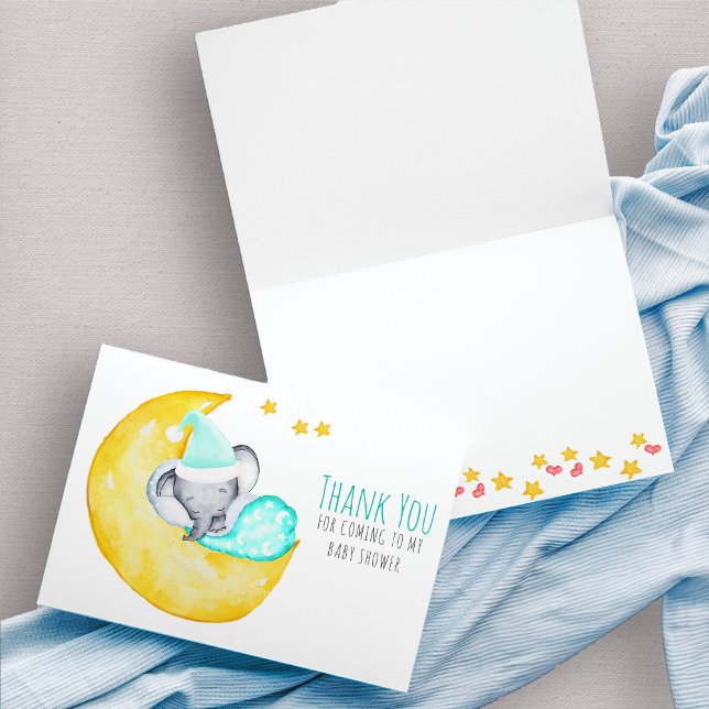 Cute Elephant Sleeping på Måne Baby Shower Tack Kort (Cute baby elephant thank you card)