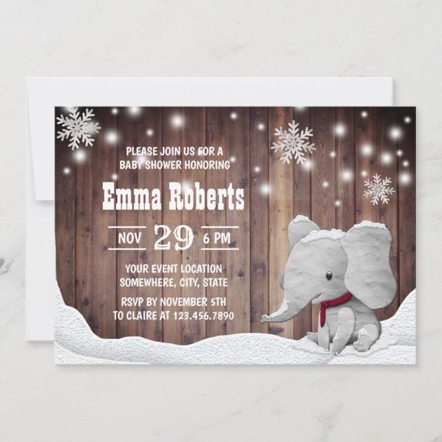 Cute Elephant Snöflingor Rustic Winter Baby Shower Inbjudningar (Framsida)