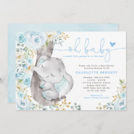 Cute Elephant Soft Blue Blommigt Boy Shower Inbjudningar