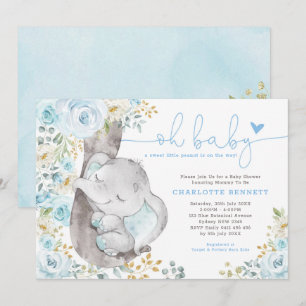 Cute Elephant Soft Blue Blommigt Boy Shower Inbjudningar