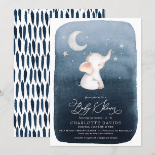 Cute Elephant Stars & Måne Navy Boy Shower Inbjudningar