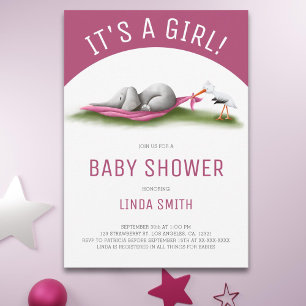 Cute Elephant Stork Girl Baby Shower Inbjudningar
