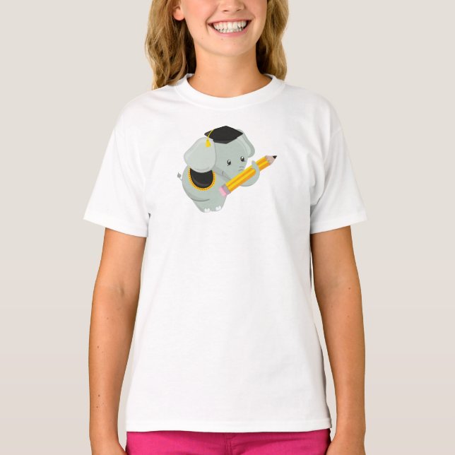 Cute Elephant, Studenten Elephant, School, Pencil T Shirt (Framsida)
