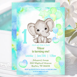 Cute Elephant Summer Colorful Boy 1Birthday Inbjudningar