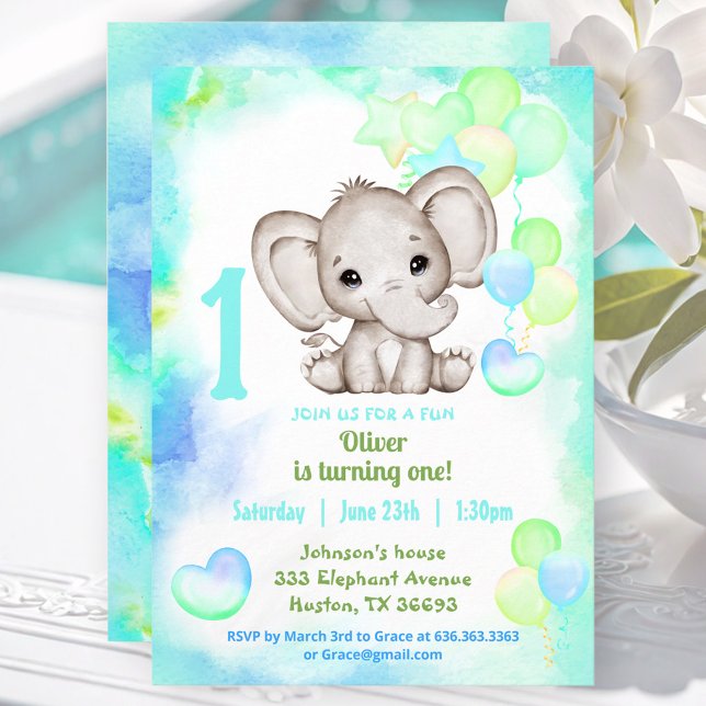 Cute Elephant Summer Colorful Boy 1Birthday Inbjudningar (Cute Elephant Summer Colorful Boy 1stBirthday Invitation)