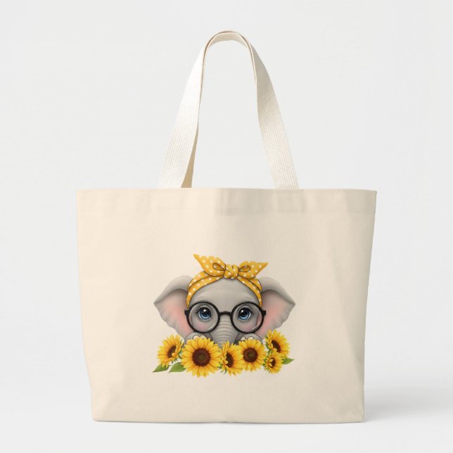 Cute Elephant Sunflower Tote Bag Jumbo Tygkasse (Framsidan)