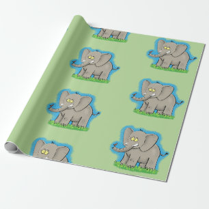 Cute elephant tecknad grönt mönster presentpapper