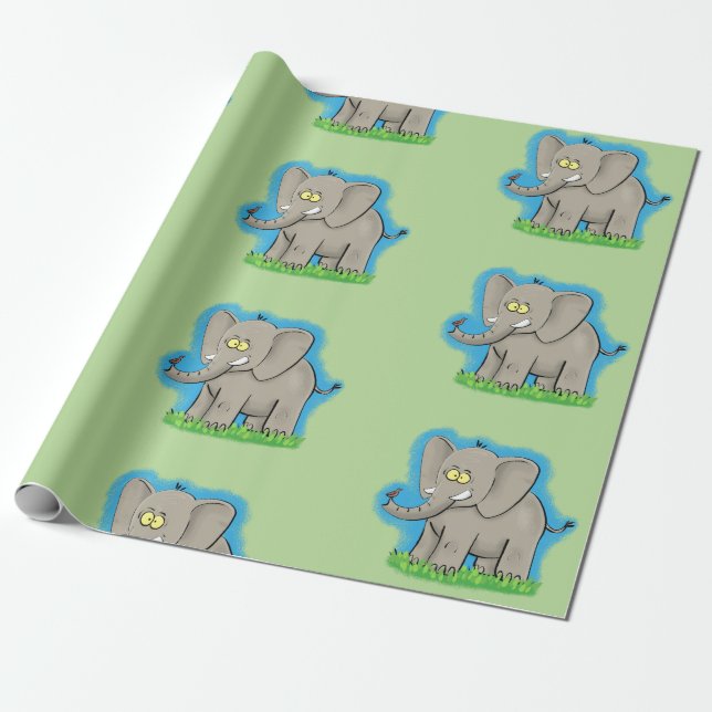Cute elephant tecknad grönt mönster presentpapper (Utrullad)
