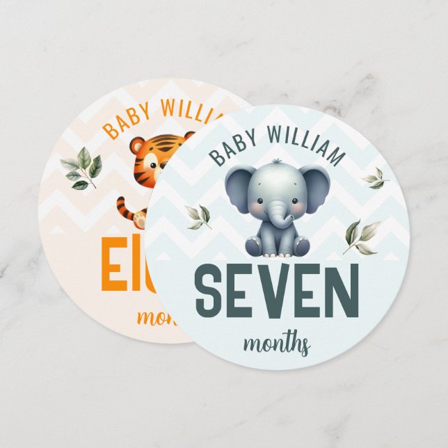 Cute Elephant Tiger 7-8 månader Baby Milestone Sig (Fram/baksida)